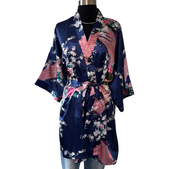 Vintage Other - Vintage satin peacock kimono robe knee length blue pink OS